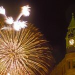 MQT.2452.03 - Fourth of July fireworks burst behind the historic Savings Bank building in Marquette, Mich.