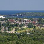 Overview of the city of Marquette Michigan and Lake Superior from Mount Marquette.