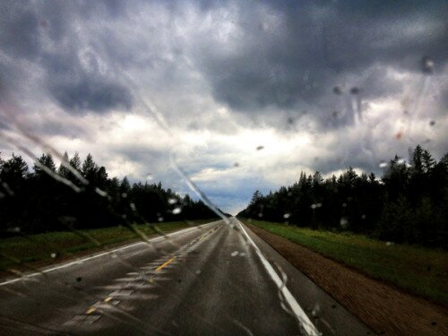 Driving through a rain and hail storm in Michigan's Upper Peninsula on the Seney Stretch of Highway M-28.